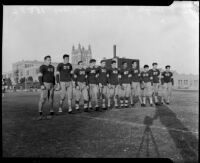Los Angeles High School football team photo with the high school in the background, Los Angeles