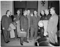 Group of defendants and attorneys at the liquor license bribe trial, Oct. 1939 - May 1940