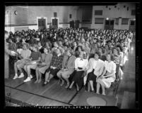 Group of primarily women waiting to take civil service exam in Los Angeles, Calif., 1948