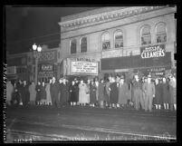 Anti-Nazi march with theater marquee reading "Closed Tonite Protest Nazi Horror", Los Angeles, 1938