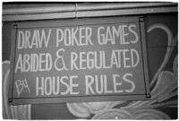 Sign detailing policies hanging inside of a casino, Los Angeles, 1937