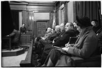 View from the juror's bench of accused murderer Paul A. Wright on the stand, Los Angeles, 1938