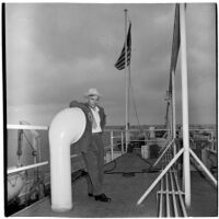 Tony Cornero on the deck of his newly refurbished gambling ship, the Bunker Hill or Lux, Los Angeles, 1946