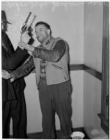 Cowboy film extra Yukon Jake demonstrates his involvement in the confrontation between fellow extras Jerome "Blackjack" Ward and Johnny Tyke, Los Angeles, February 24, 1940