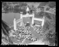 Overhead view of dedication ceremony of Golden Lotus Temple at Self-Realization Fellowship Church in Los Angeles, Calif., 1950