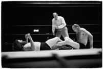 Wrestlers "Daniel Boone" Savage and Hans Steinke battle it out at the Grand Olympic Stadium. June 16, 1937