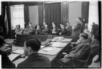 Defense attorney Jerry Giesler, in court during murder trial of Paul A. Wright, circa February 1938