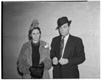 Mrs. Elaine Huddle and Dean Farris, witnesses at the Peter Pianezzi murder trials, Los Angeles, 1940s