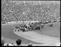 President Franklin D. Roosevelt addresses the crowd at Los Angeles Memorial Coliseum from car, October 1, 1935