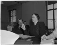 Assemblywoman Jeanette E. Daley, vice-chairman of a legislative committee appointed to investigate the practices and policies of the S.R.A., Los Angeles, March 5, 1940