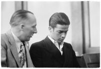 Louis Rude Payne and Dist. Atty. Buron Fitts at Payne's inquest for the murder of his mother and younger brother, Los Angeles, June 6, 1934