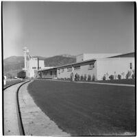 Three men walk outside the Universal Vitreous China Factory, Mentone, circa 1948