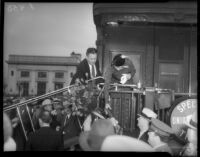 First Lady Eleanor Roosevelt greets the crowd at Central Station, Los Angeles, October 1, 1935