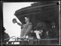 President Franklin D. Roosevelt greets the crowd from his train at Central Station, Los Angeles, October 1, 1935