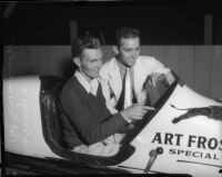 Race car drivers Rex Mays and Bob Swanson pose at the Legion Ascot speedway, Los Angeles, 1935