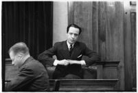 Accused murderer Paul A. Wright on the witness stand, Los Angeles, 1938