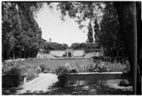 View of garden on the estate of film comedian Harold Lloyd and his wife Mildred, Beverly Hills, 1927