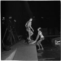 Swim suit models during a fashion show that featured local designers, Los Angeles, September 1946