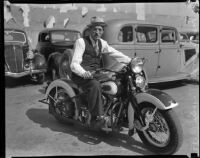 Judge Irvin Taplin on a motorcycle, Los Angeles, 1936