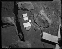 Device monitoring the movements of a fissure in Elysian Park that would become a landslide, Los Angeles, November 1937