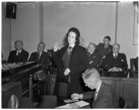 Audrey Burris testifying at a preliminary trial for accused murderer Betty Hardaker, Los Angeles, February 29, 1940