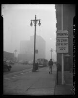 Street scene on foggy and smoggy day in Los Angeles, 1953