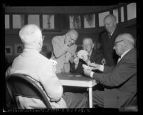 Men playing cards at Eastside Jewish Community Center in Los Angeles, Calif., 1952