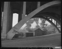 View under bridge towards Chavez Ravine's "Lil' Town", Los Angeles, 1950