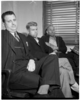 Accused murderer Fred Stettler sitting between two unidentified men in Los Angeles, 1936