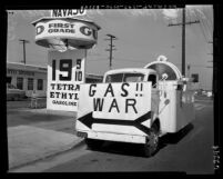 Gas station with sign reading "Gasoline War" at 3rd Avenue and Beverly in Los Angeles, Calif., 1954