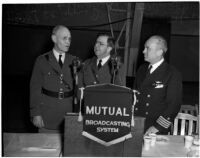 Lieut. Gen. John L. DeWitt, Lieut. Col. Rupert Hughes, and Capt. Claude B. Mayo speaking at a military banquet, Los Angeles, 1940