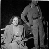 Model outside after a fashion show that featured local designers, Los Angeles, September 1946