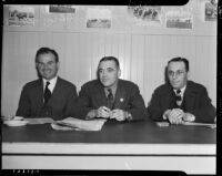 Sportswriters Bryan Field, Bill Corum and Arthur Siegel at Santa Anita Racetrack, Arcadia, 1930s