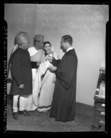 Los Angeles Judge Stanley Mosk conducting marriage for Hindu couple, circa 1947