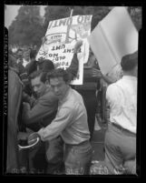 Riot outside of Los Angeles City College campus over Universal Military Training (draft), Calif., 1948