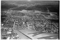 Aerial view of flooded neighborhoods and crops in North Hollywood, Los Angeles, 1938