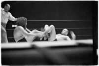 Wrestlers "Daniel Boone" Savage and Hans Steinke battle it out at the Grand Olympic Stadium. June 16, 1937