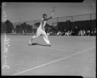 Jess Millman, University of Southern California varsity player, on the tennis court, Los Angeles, 1930s