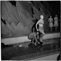 June Breck, champion comedy diver, models a swim suit design by Margit Fellegi during a fashion show, Los Angeles, September 1946