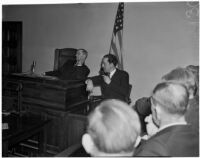 D. E. Kammen on the witness stand during a trial concerning the double traffic crash that killed Charles M. Daneri, Los Angeles, 1940