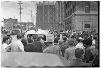 Crowd of workers gathered for a strike, Los Angeles, 1937