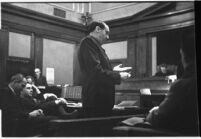 Defense attorney Jerry Giesler in court during the trial of accused murderer Paul A. Wright, Los Angeles, 1938
