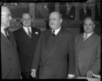 Col. Henry L. Roosevelt poses with Mayor Frank L. Shaw and Walter J. Braunschweiger, Los Angeles, 1935