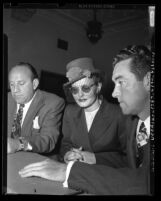 Max Solomon, alleged madam Marie Mitchell (aka Brenda Allen) and John J. Bradley in court, Los Angeles, Calif., 1948