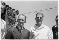 Russian aviators meet the press after breaking the non-stop flight record, flying from Moscow to San Jacinto, CA. July 14, 1937