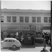 View of street shops during the post-war Labor Day parade, Los Angeles, 1946