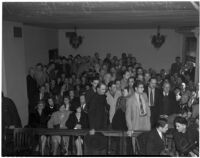 Film extras from Gower Gulch supporting Jerome (Blackjack) Ward at hearing on the murder of Johnny Tyke, Los Angeles, February 27, 1940