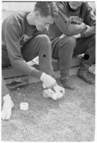 USC track athlete taping his foot on the sidelines at a meet, Los Angeles, 1937