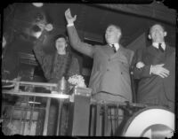 President and Mrs. Franklin D. Roosevelt arrive on train in Los Angeles, October 1, 1935