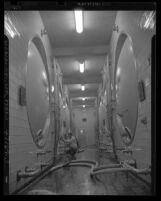 Worker tending to storage tanks at Acme Brewing Company plant in Los Angeles, Calif., 1949